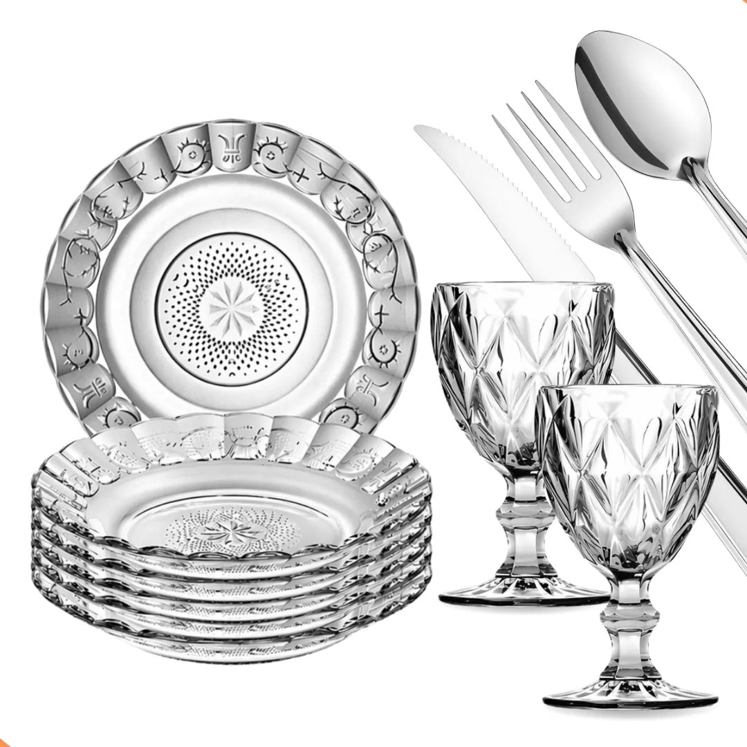 Kit Mesa Posta Melora Home 30 Peças – 6 Pratos Estrela, 6 Taças 340 ml e 18 Talheres em Aço Inox