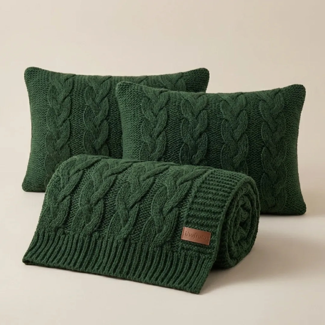 Kit Cama Posta Tricô Peseira Queen Com 2 Capas Almofada V2