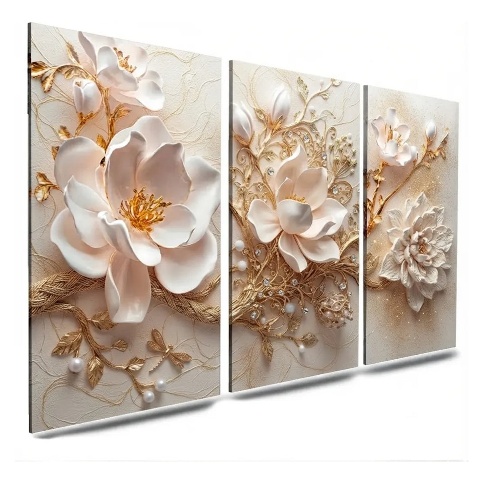 Quadros Decorativos Floral Moderno Orquidea Brancas Douradas