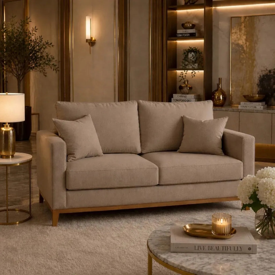 Sofá Luxo Melora Home 2 Lugares 1,40m Linho Nobre Bege Confortável com 2 Almofadas Pés de Madeira – Sala, Escritório e Recepção