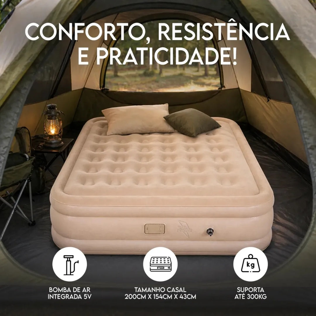 Colchão Inflável Queen 200x154x43cm Bomba Bateria Lítio Recarregável Sem Fio Portátil Suporta 300kg Bolsa Travesseiros Camping Visitas