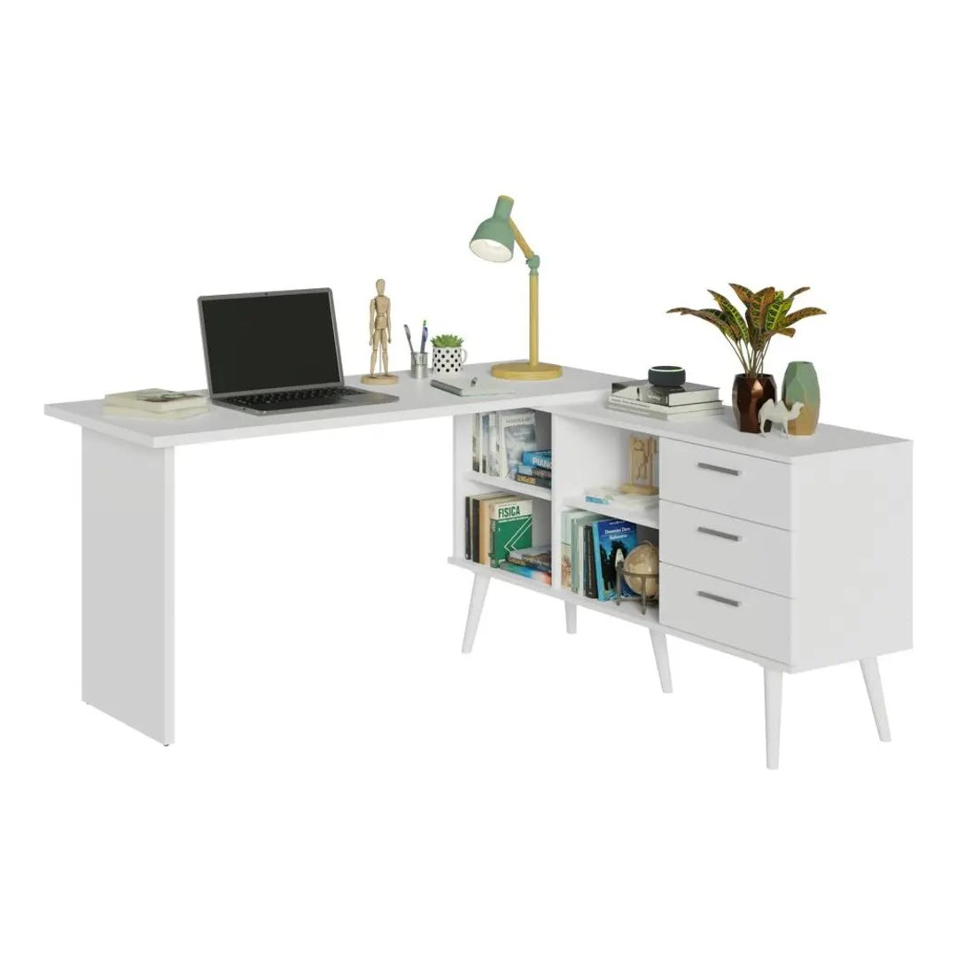 Escrivaninha Mesa De Estudos Canto 3 Gavetas Lisboa Melora Home B Cor Branco