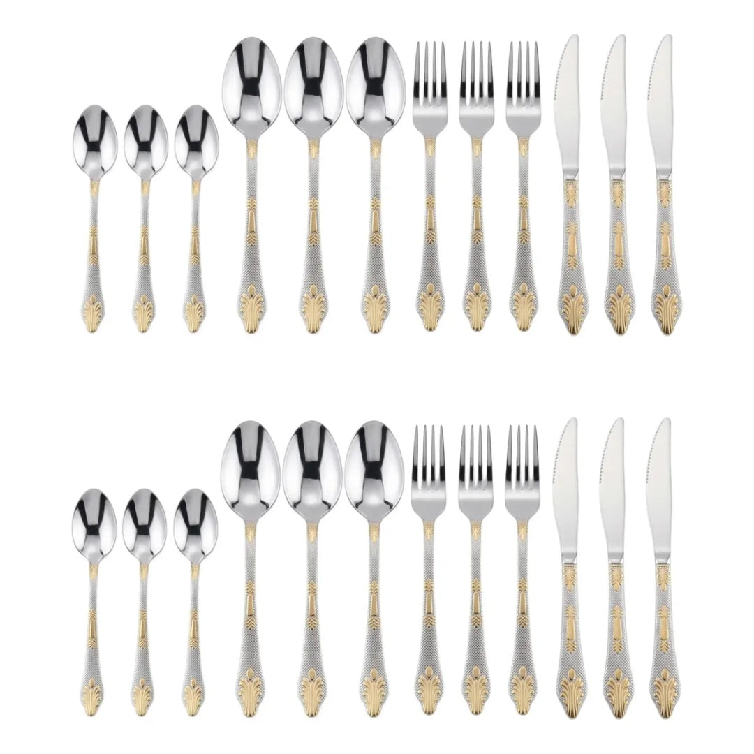 Jogo De Talheres 24 Peças Banhados A Ouro Aço Inox Premium