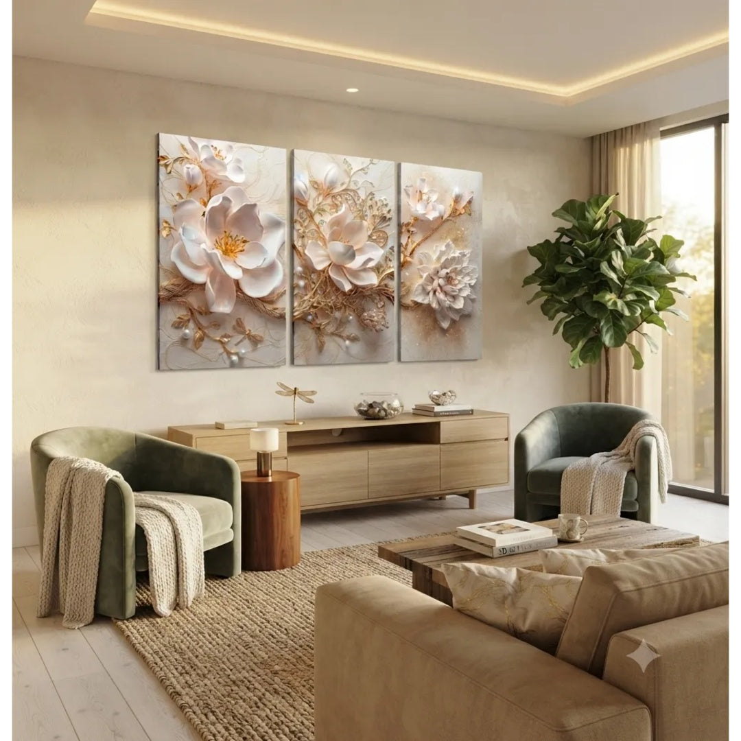 Quadros Decorativos Floral Moderno Orquidea Brancas Douradas