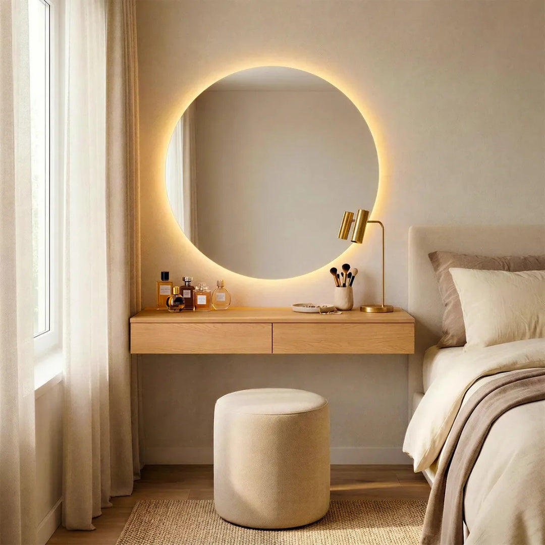 Espelho Redondo 60cm Led Quente Lapidado E Polido 3mm + Suporte E Kit Instalação, Fonte Bivolt Caixa Reforçada Mf930 Mega Forte Iluminação