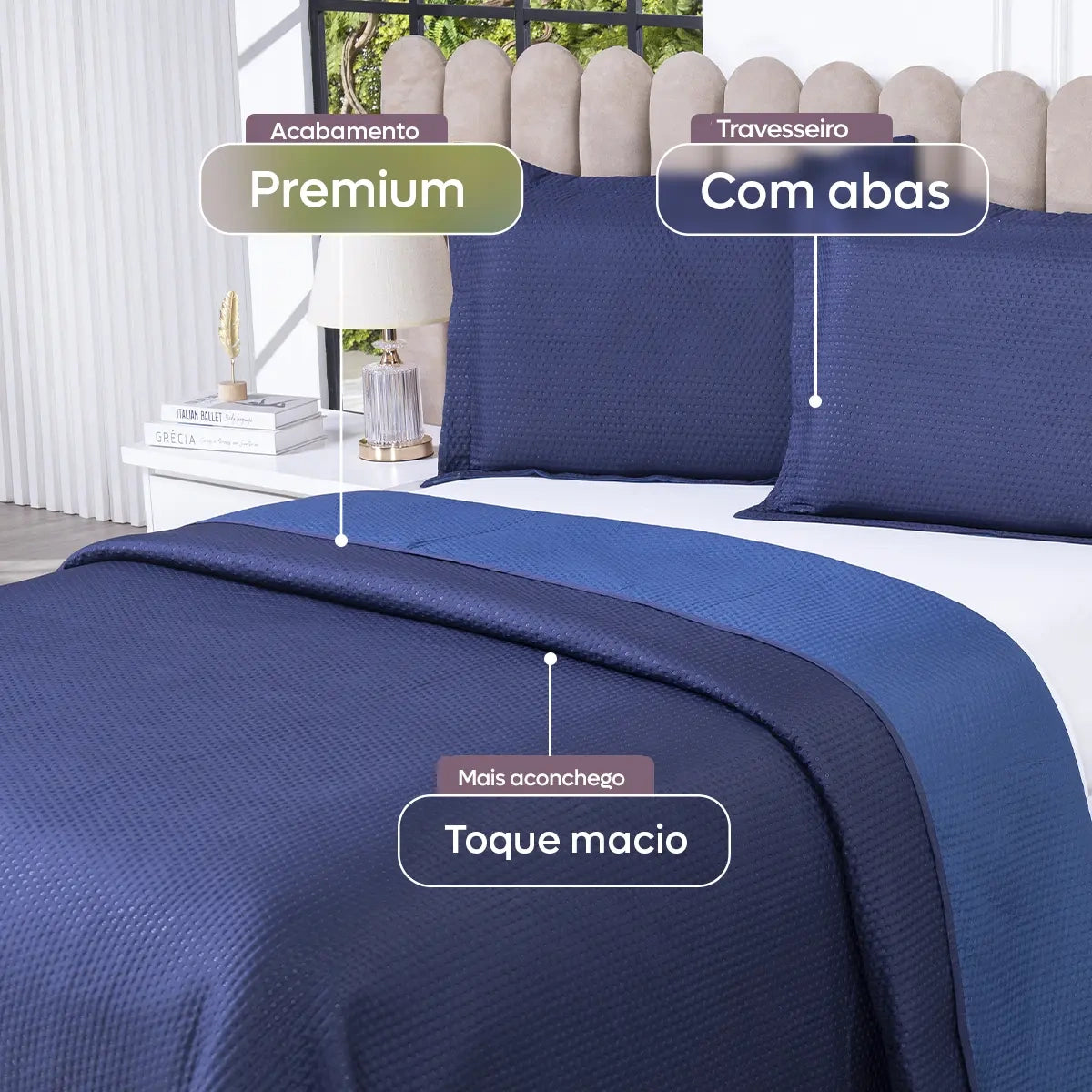 Kit Colcha Cobre Leito Casal Queen 3 Pçs Dupla Face 200 Fios