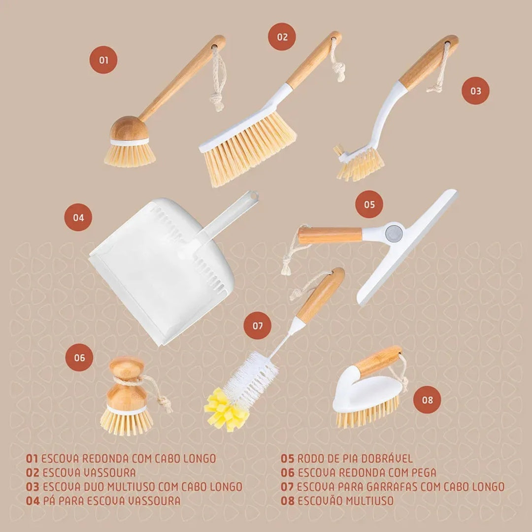 Kit De Limpeza Multiuso 8 em 1 Bambu Melora Home Escovas Rodo Pá