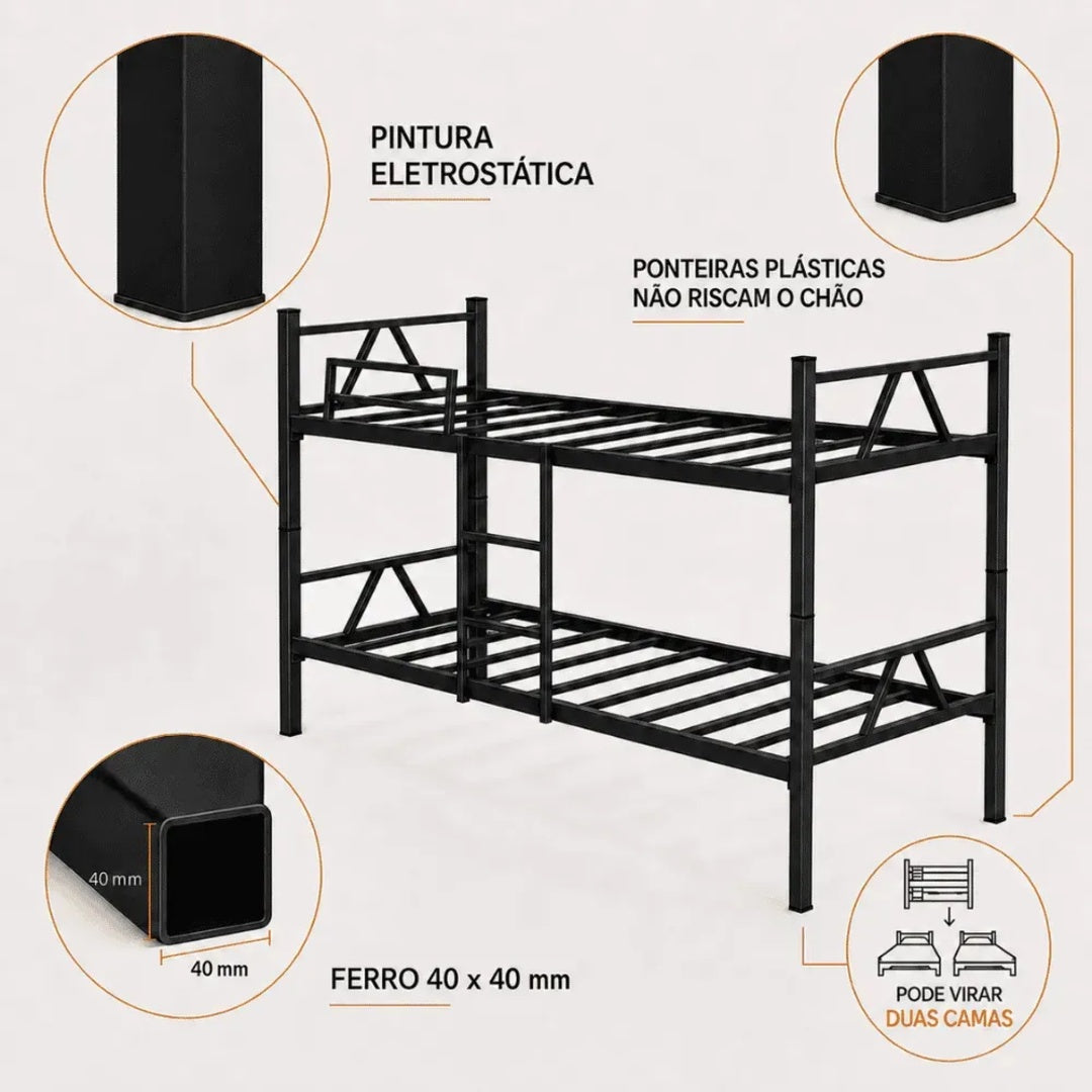 Cama Beliche Solteiro Melora Home Aço Reforçado Tubular Cor Preto Beliche Rubi