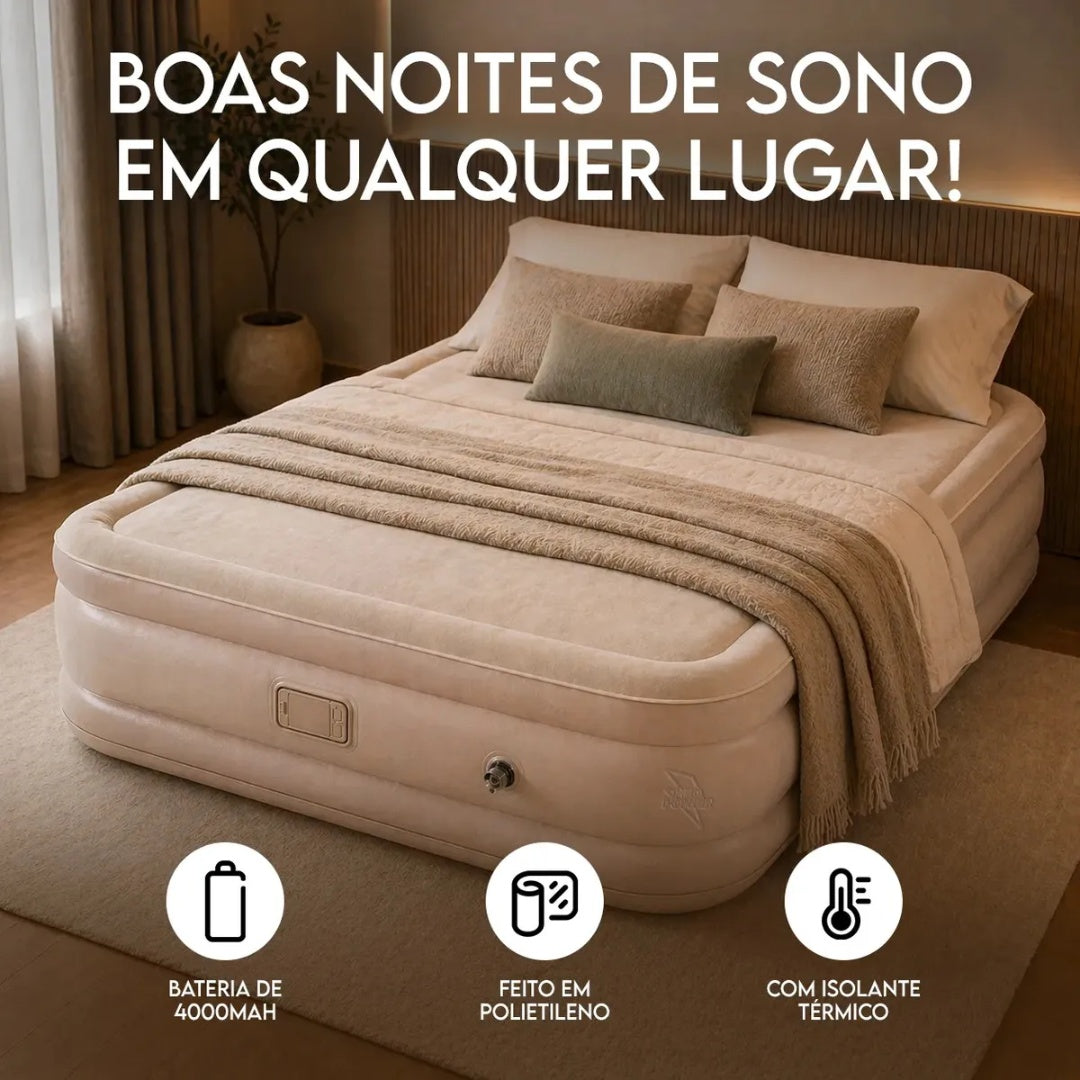 Colchão Inflável Queen 200x154x43cm Bomba Bateria Lítio Recarregável Sem Fio Portátil Suporta 300kg Bolsa Travesseiros Camping Visitas