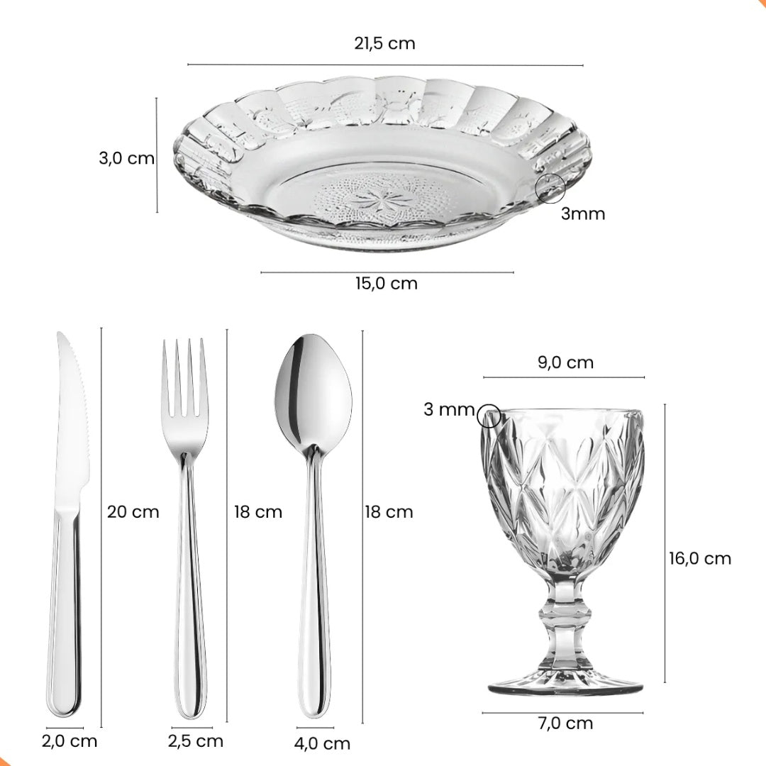 Kit Mesa Posta Melora Home 30 Peças – 6 Pratos Estrela, 6 Taças 340 ml e 18 Talheres em Aço Inox