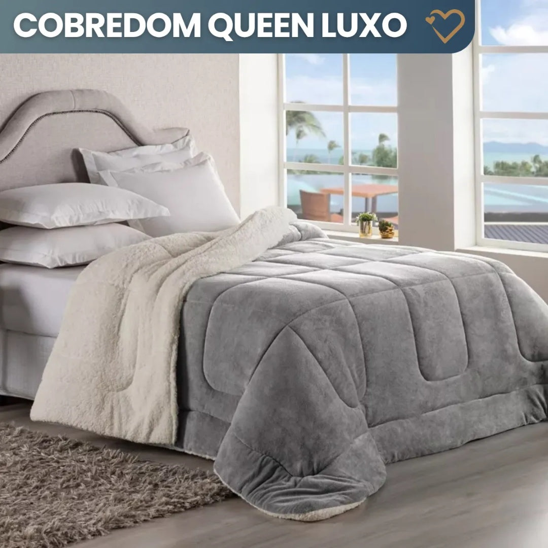 Edredom Sherpa Cobertor E Coberdrom Casal Queen Grosso Pele De Carneiro Dupla Face Cinza Super Quente