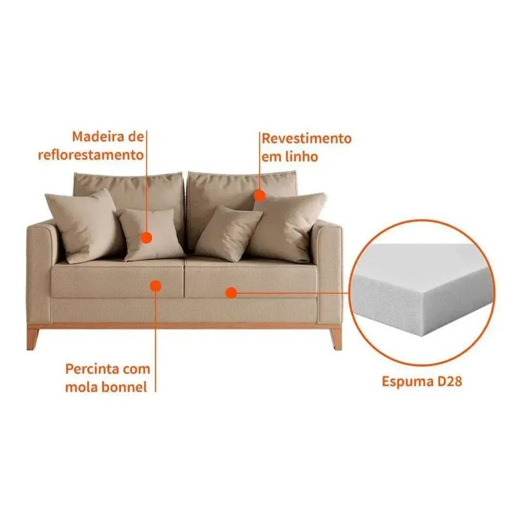 Sofá Luxo Melora Home 2 Lugares 1,40m Linho Nobre Bege Confortável com 2 Almofadas Pés de Madeira – Sala, Escritório e Recepção