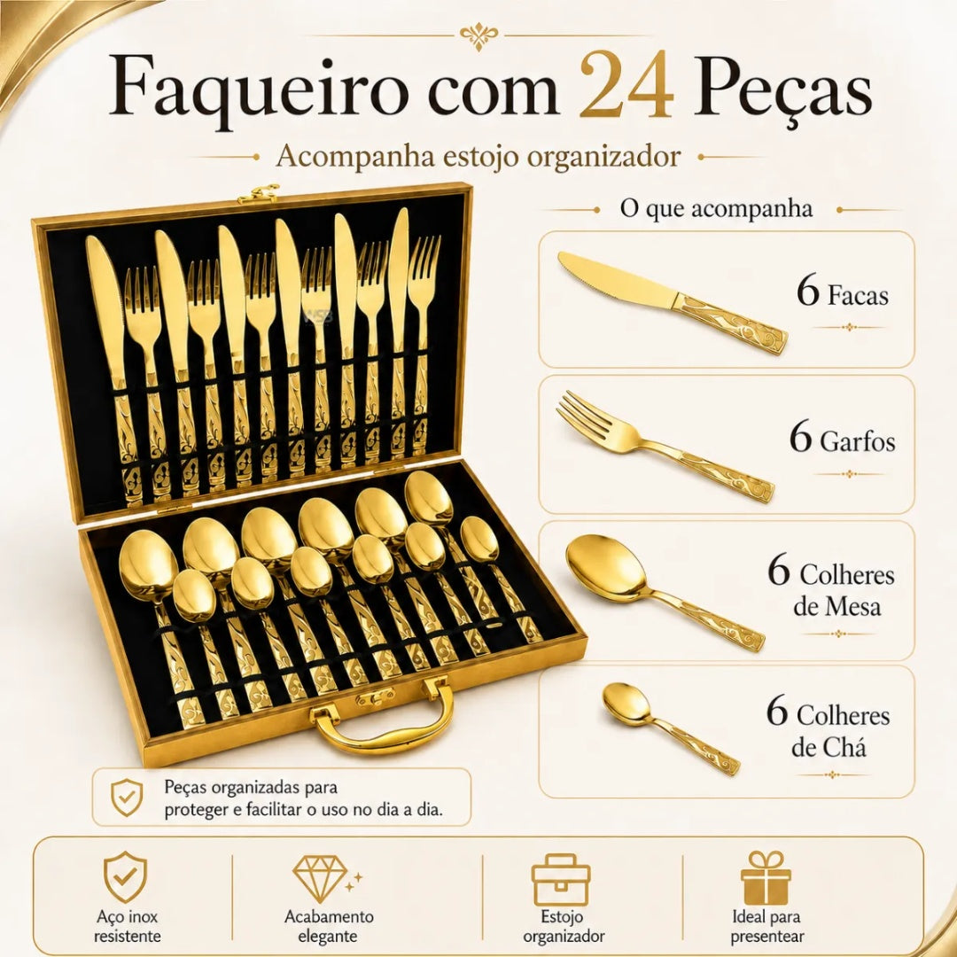 Kit Faqueiro Jogo De Talheres 24 Peças Luxo Maleta Gourmet