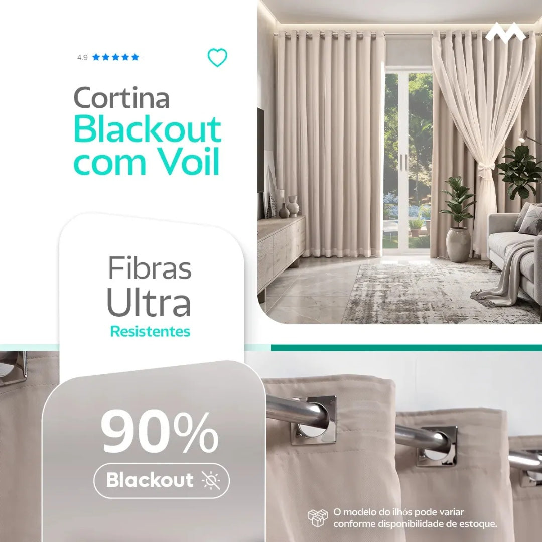 Cortina de Blackout com Voil Liso para varão simples - 4,00 x 2,70