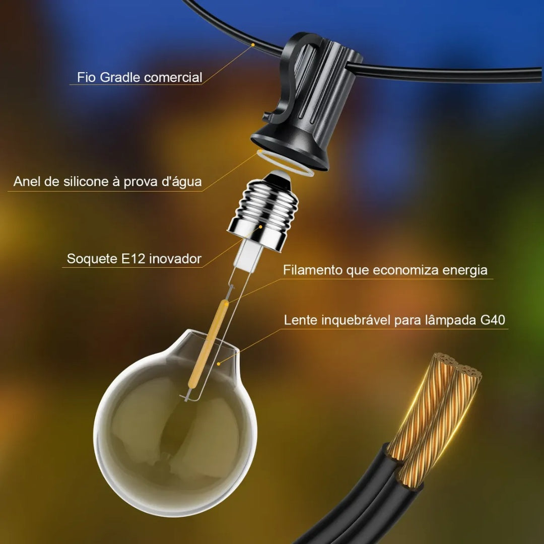 Varal De Luzes Led 30m Com 50 Lâmpada Externo Cordão Festão