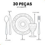 Kit Mesa Posta Melora Home 30 Peças – 6 Pratos Estrela, 6 Taças 340 ml e 18 Talheres em Aço Inox