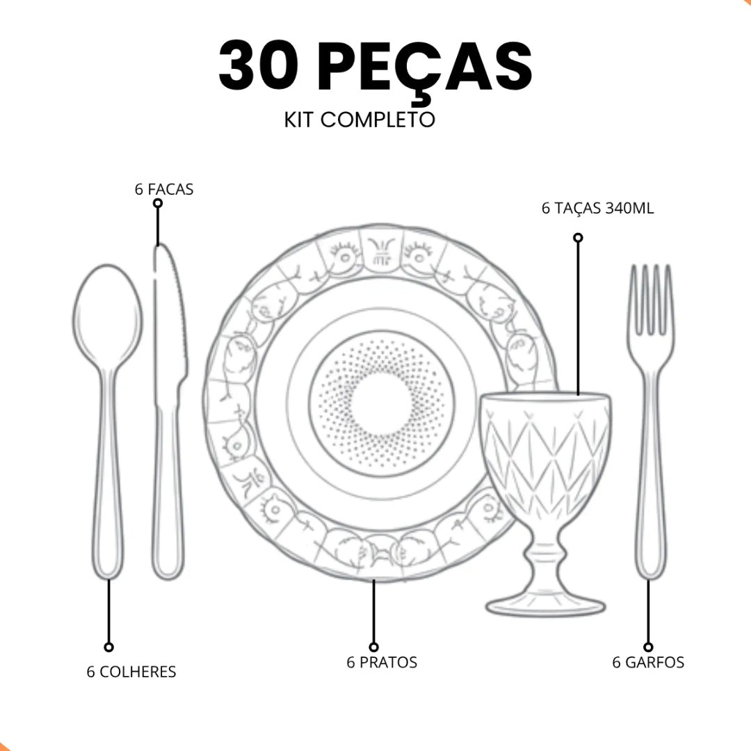 Kit Mesa Posta Melora Home 30 Peças – 6 Pratos Estrela, 6 Taças 340 ml e 18 Talheres em Aço Inox