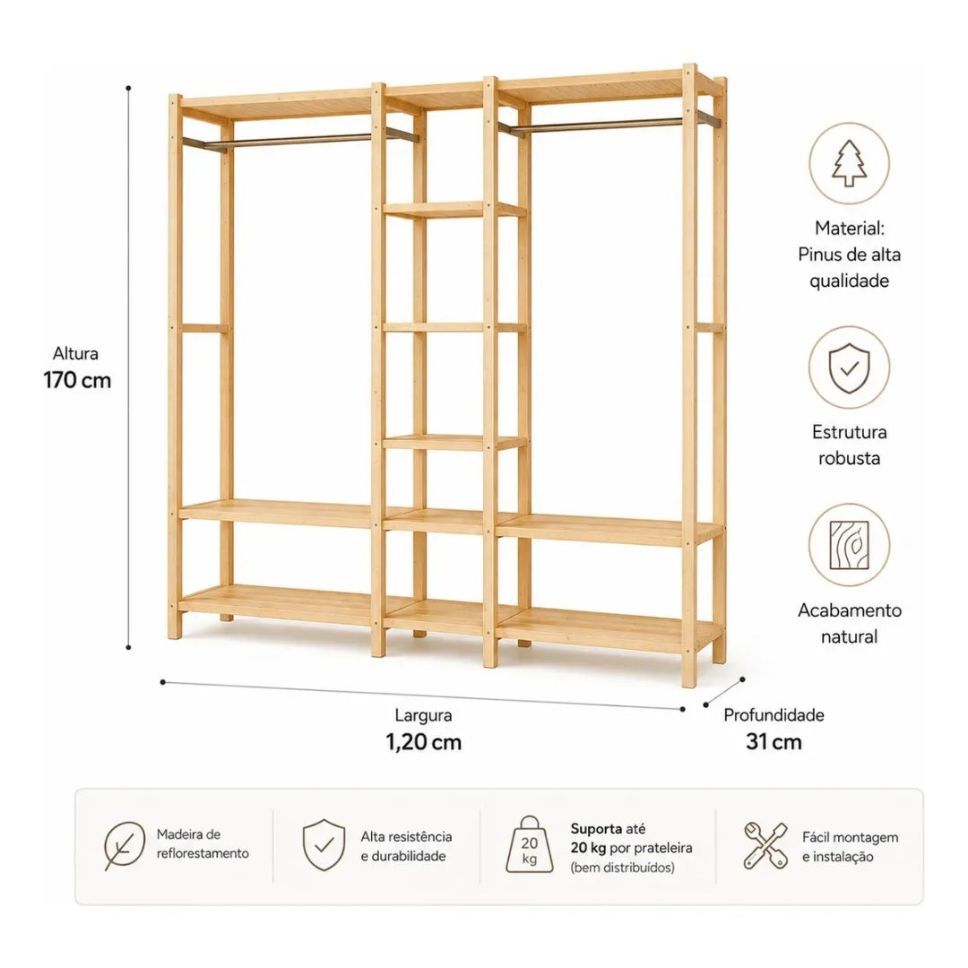 Estante Prateleira Madeira Quarto Closet Pinus Melora Home