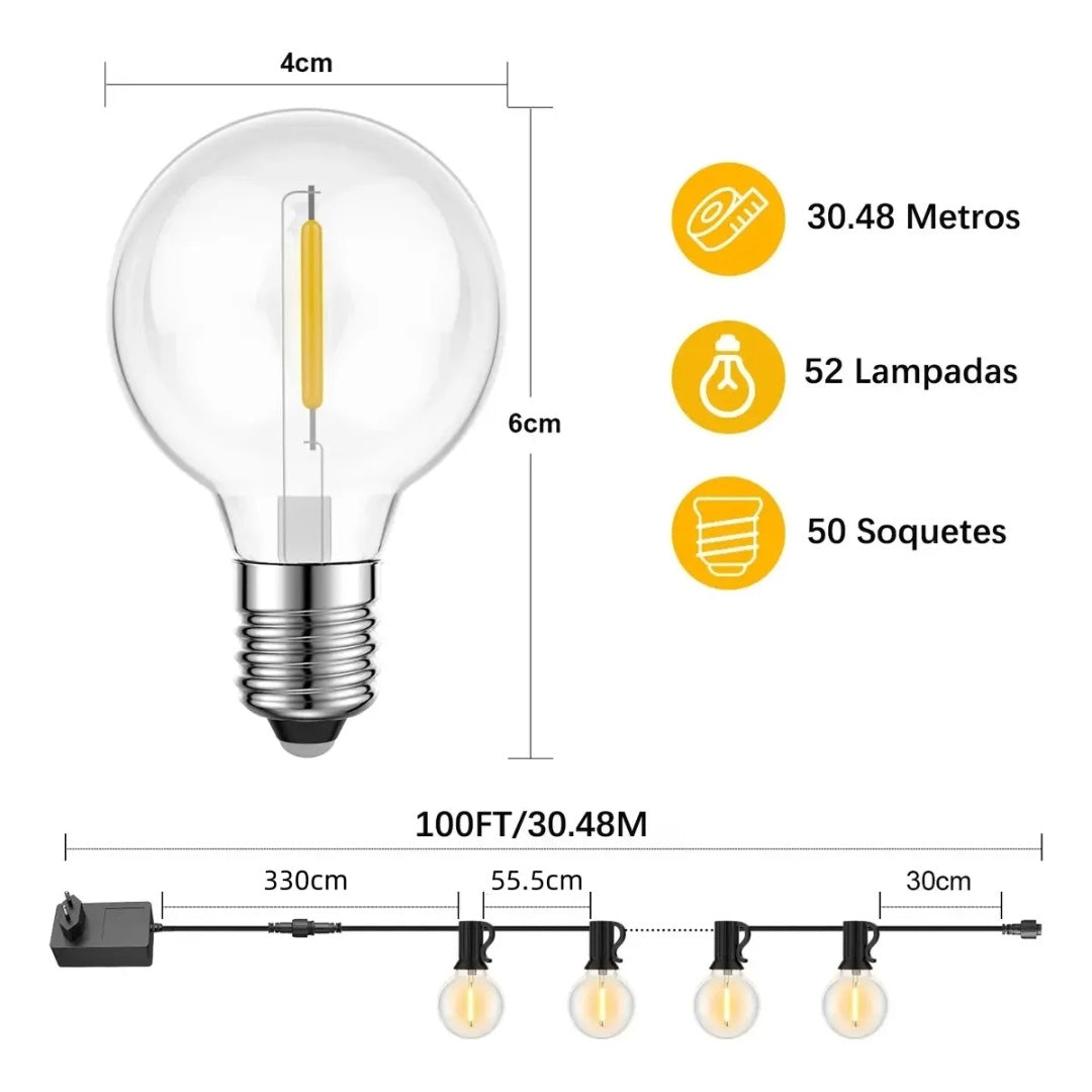 Varal De Luzes Led 30m Com 50 Lâmpada Externo Cordão Festão