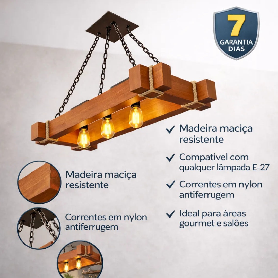 Luminária Pendente Caibro Melora Home Grande Retangular 3 Lâmpadas – Estilo Rústico e Sofisticação