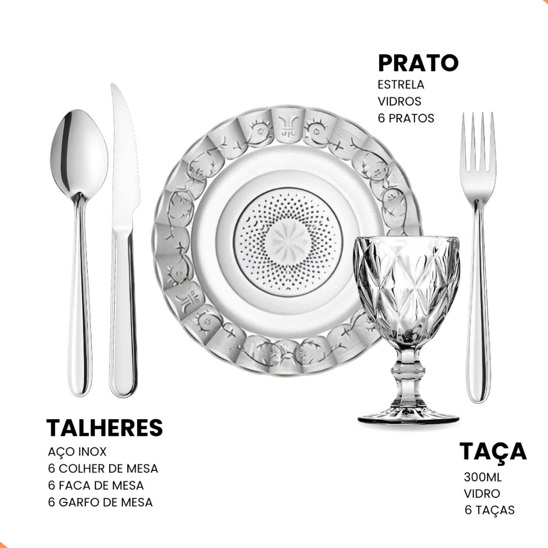 Kit Mesa Posta Melora Home 30 Peças – 6 Pratos Estrela, 6 Taças 340 ml e 18 Talheres em Aço Inox