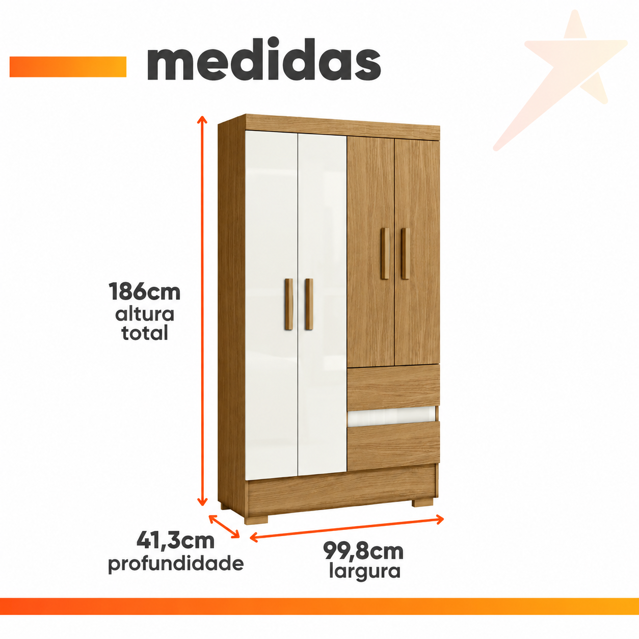 Guarda Roupas Solteiro 4 Portas 2 Gavetas Atacama / Off White Coimbra Aramóveis