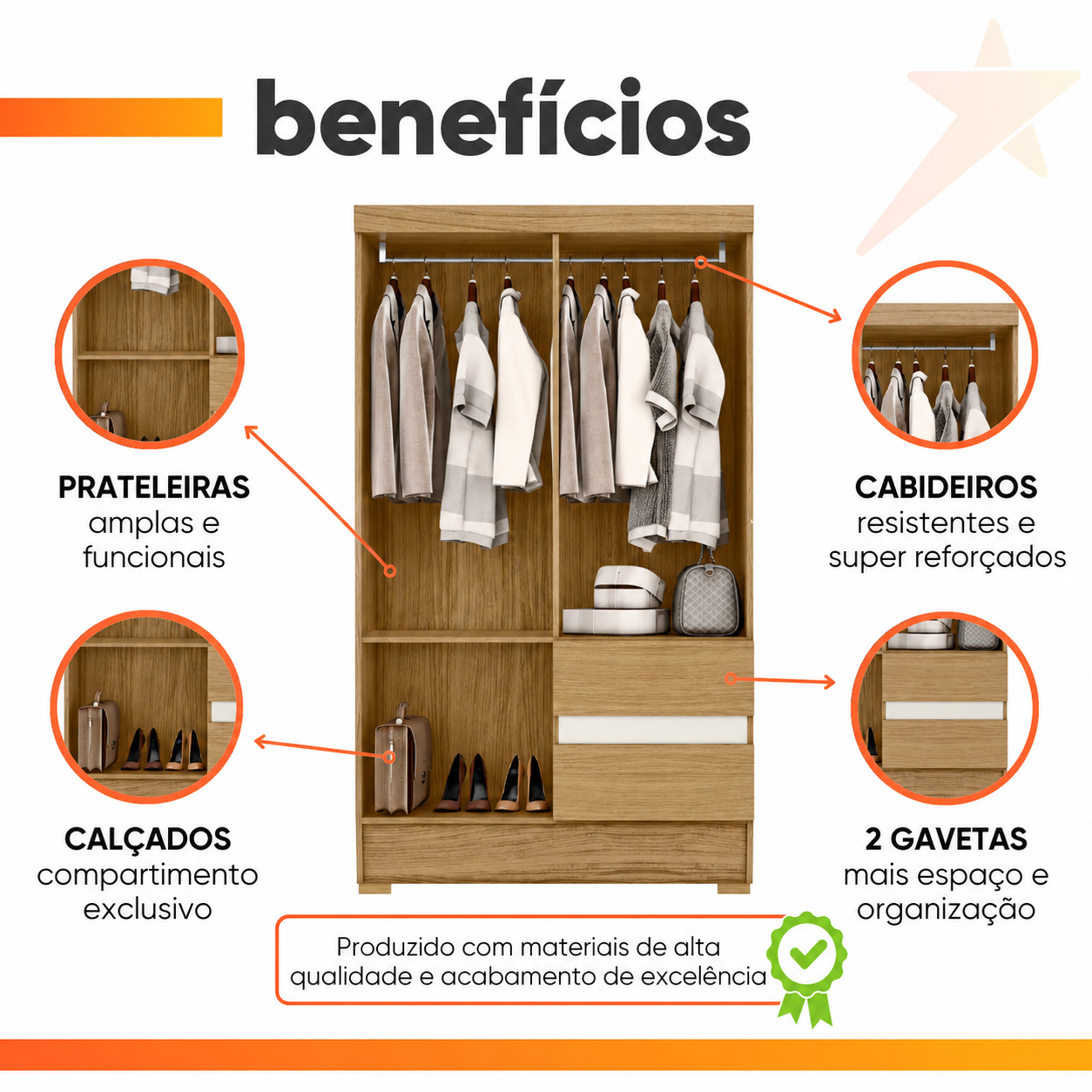 Guarda Roupas Solteiro 4 Portas 2 Gavetas Atacama / Off White Coimbra Aramóveis