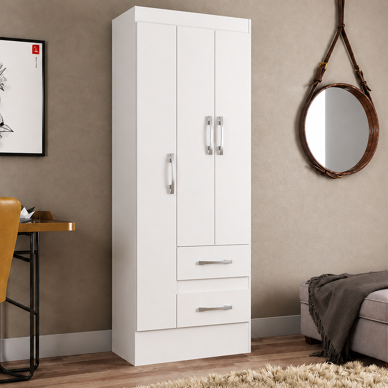 Guarda-Roupa Solteiro Nobre 3 Portas e 2 Gavetas – Branco