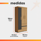 Guarda Roupas Solteiro 3 Portas 2 Gavetas Coimbra Cor Atacama Grafite
