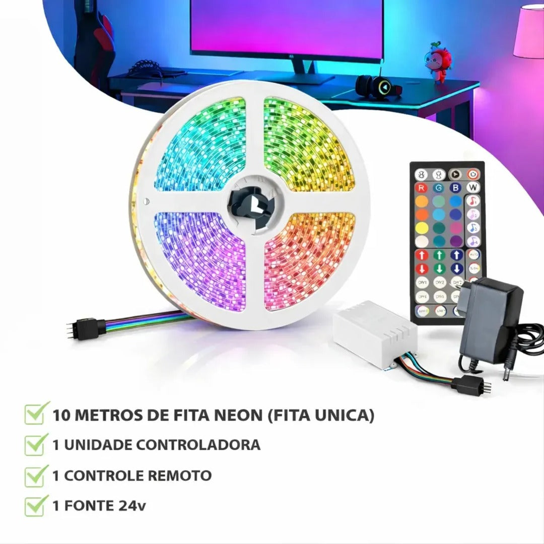Fita LED RGB 10m com App, Controle e Fonte para Quarto Gamer