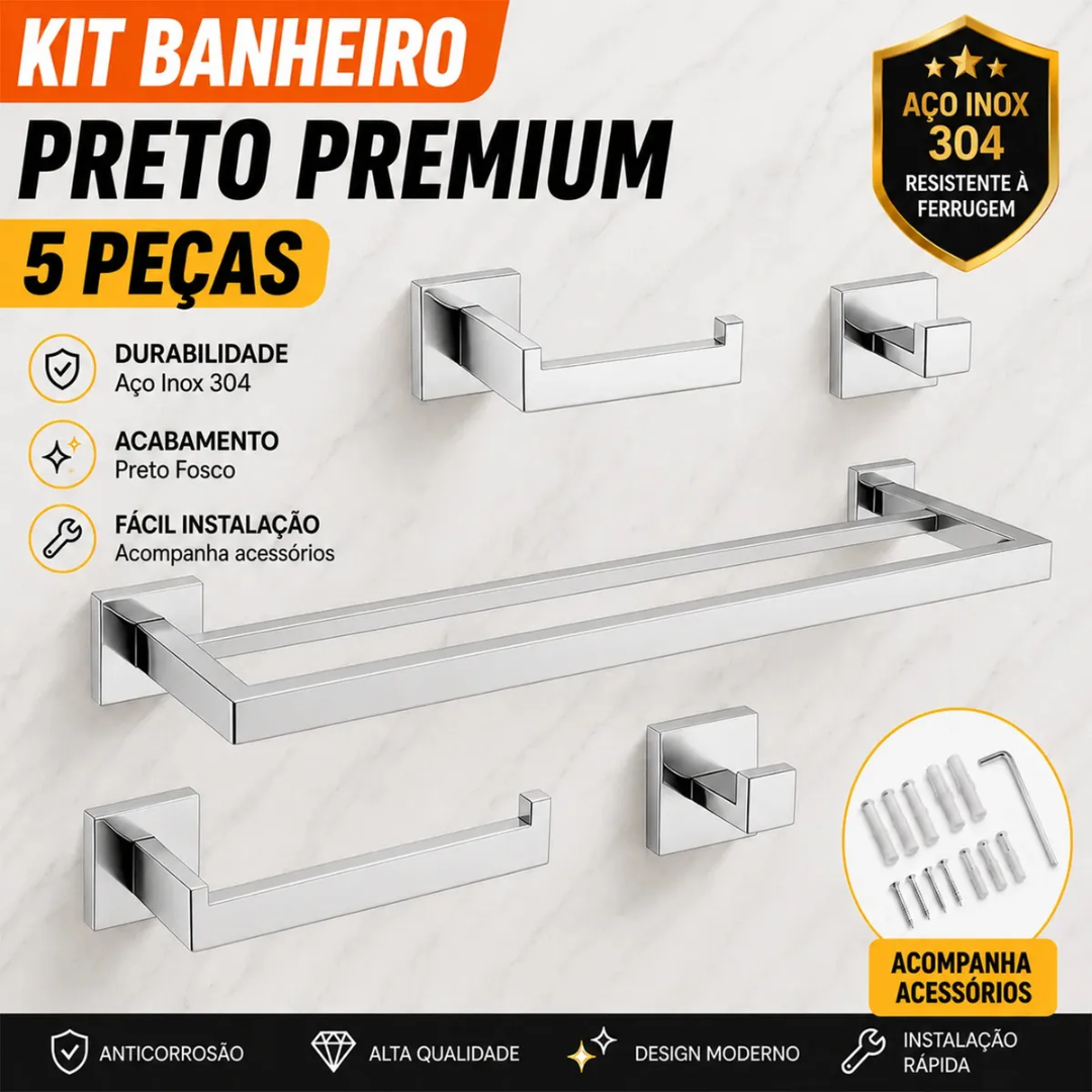 Kit 5 Acessórios Banheiro Inox 304 Toalheiro Duplo Genérica Kit5 60cm cor prateado