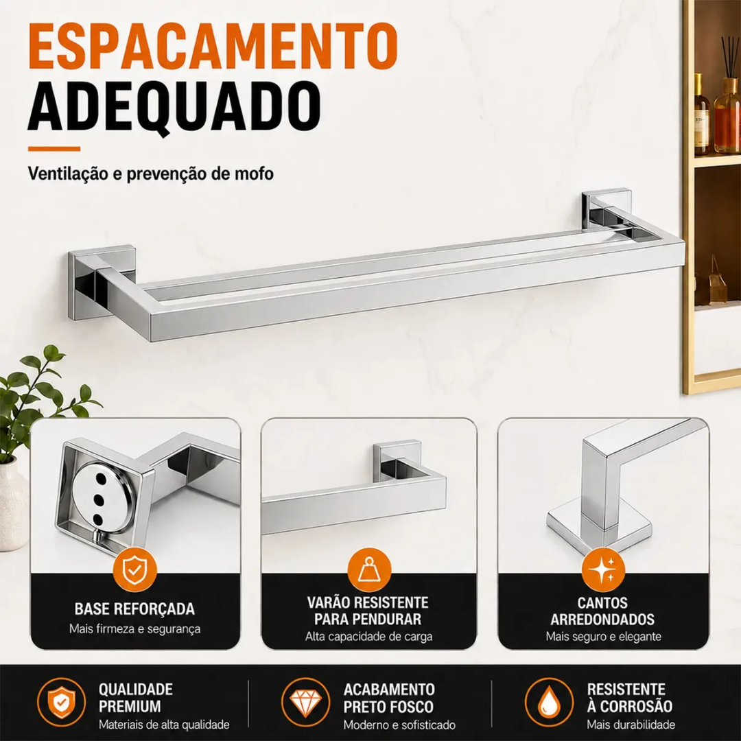 Kit 5 Acessórios Banheiro Inox 304 Toalheiro Duplo Genérica Kit5 60cm cor prateado