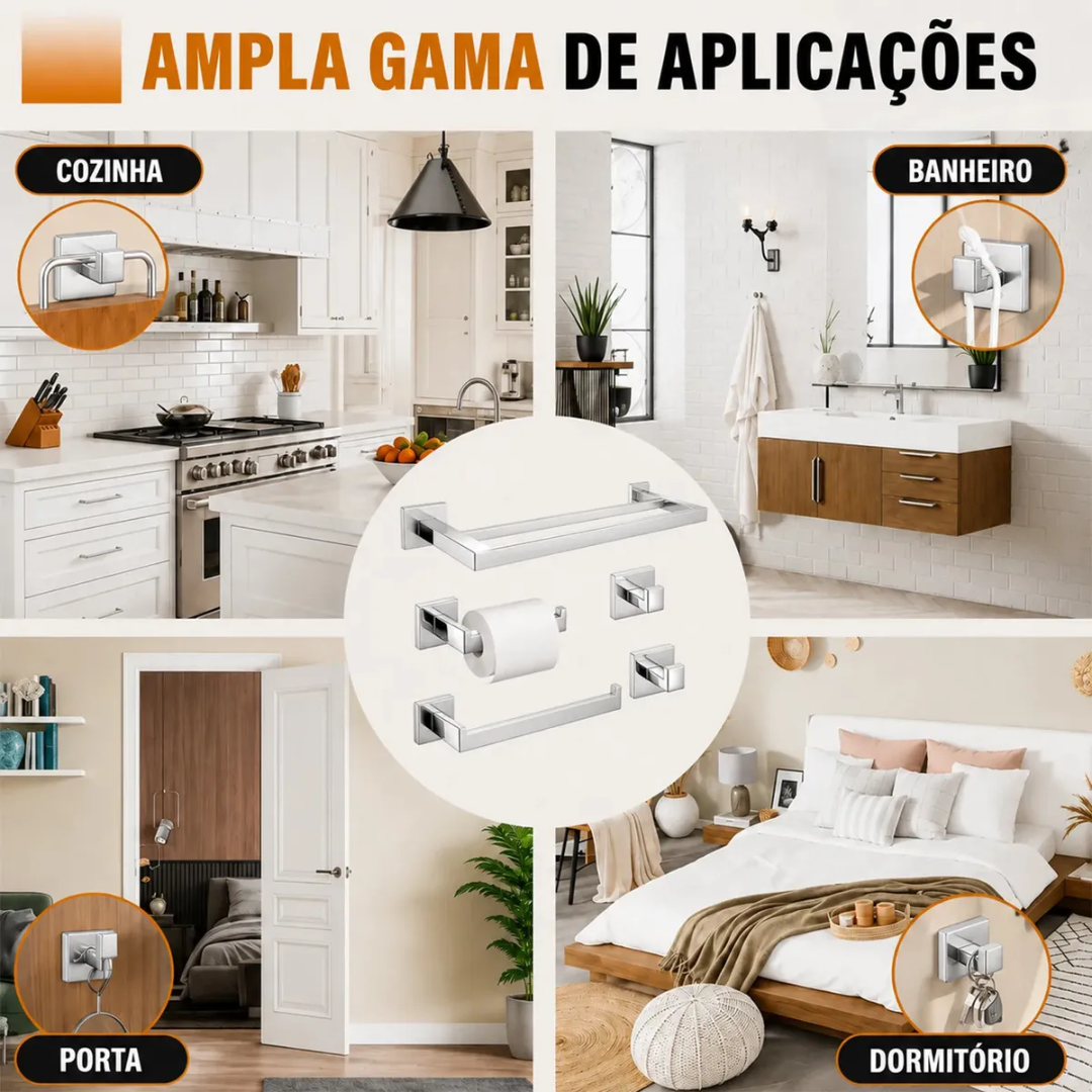 Kit 5 Acessórios Banheiro Inox 304 Toalheiro Duplo Genérica Kit5 60cm cor prateado