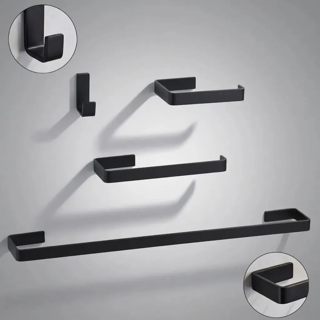 Kit Acessórios Banheiro Aço Inox 4 Peças Toalheiro Papeleira Porta Toalha Parede Preto Fosco Fixação Adesivo Antiferrugem Organizador Lavabo Resistente Durável Suporte Metal Decoração Minimalista Inox