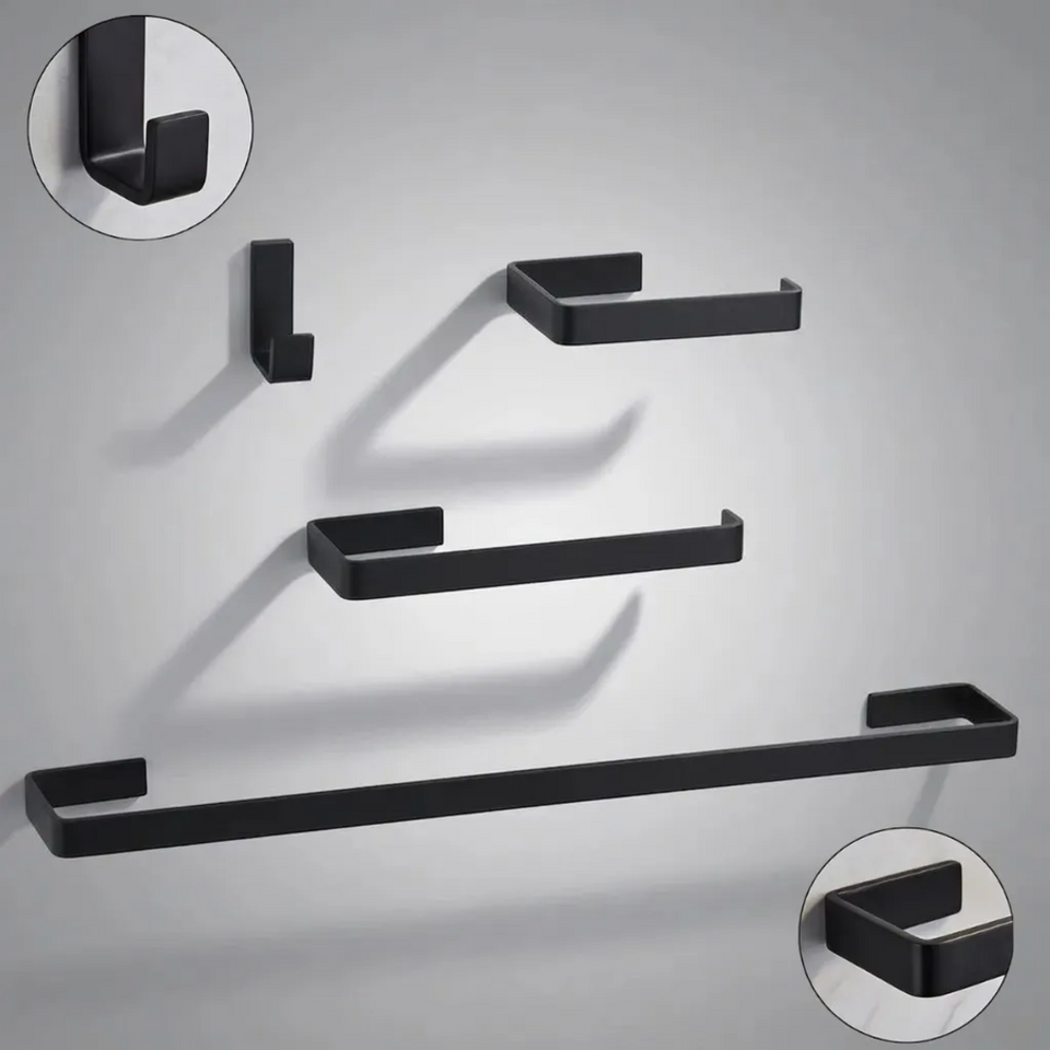 Kit Acessórios Banheiro Aço Inox 4 Peças Toalheiro Papeleira Porta Toalha Parede Preto Fosco Fixação Adesivo Antiferrugem Organizador Lavabo Resistente Durável Suporte Metal Decoração Minimalista Inox