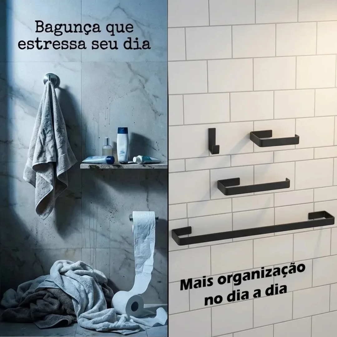 Kit Acessórios Banheiro Aço Inox 4 Peças Toalheiro Papeleira Porta Toalha Parede Preto Fosco Fixação Adesivo Antiferrugem Organizador Lavabo Resistente Durável Suporte Metal Decoração Minimalista Inox