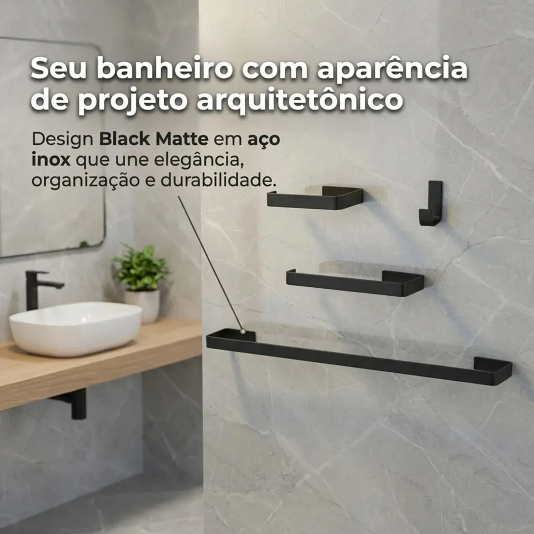 Kit Acessórios Banheiro Aço Inox 4 Peças Toalheiro Papeleira Porta Toalha Parede Preto Fosco Fixação Adesivo Antiferrugem Organizador Lavabo Resistente Durável Suporte Metal Decoração Minimalista Inox