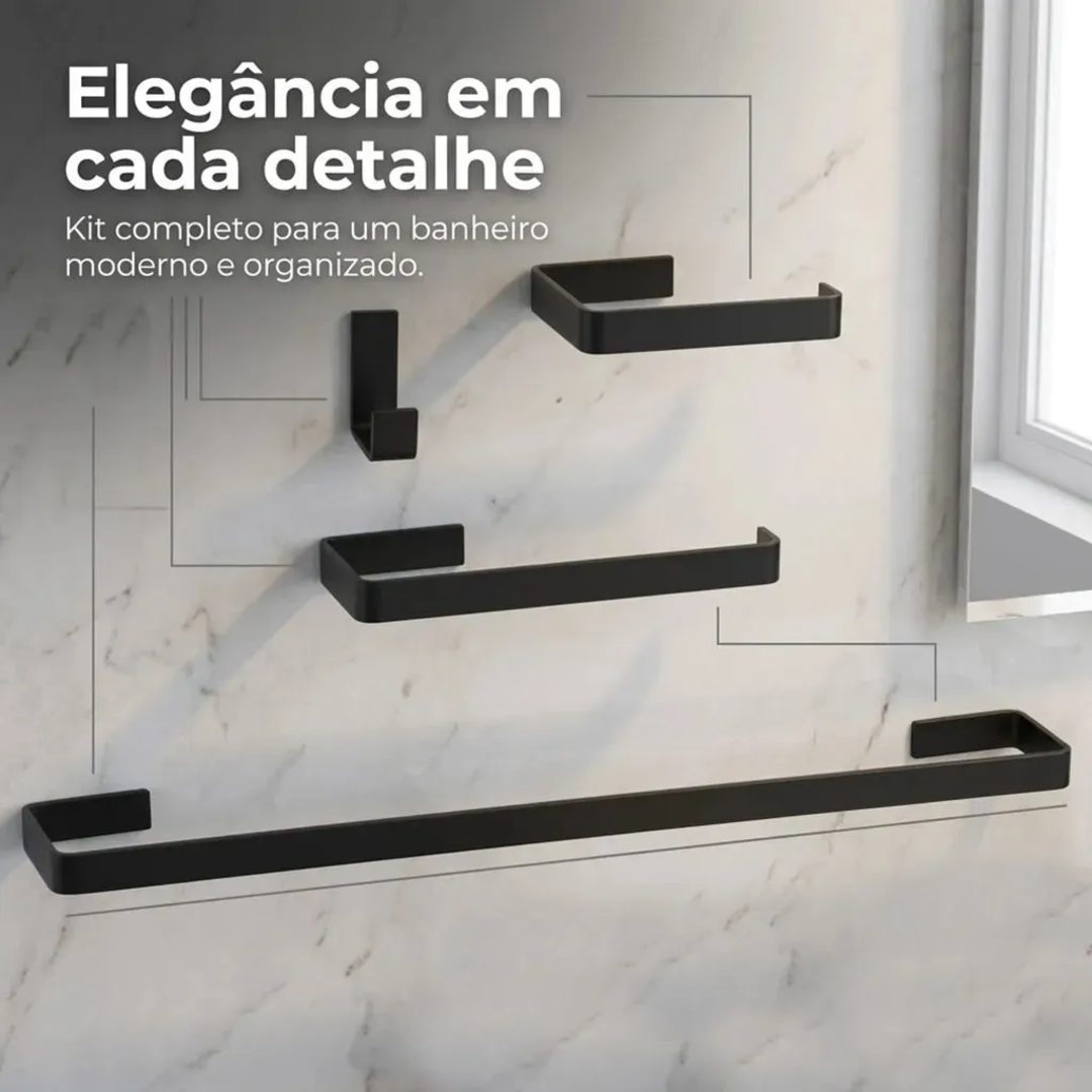 Kit Acessórios Banheiro Aço Inox 4 Peças Toalheiro Papeleira Porta Toalha Parede Preto Fosco Fixação Adesivo Antiferrugem Organizador Lavabo Resistente Durável Suporte Metal Decoração Minimalista Inox