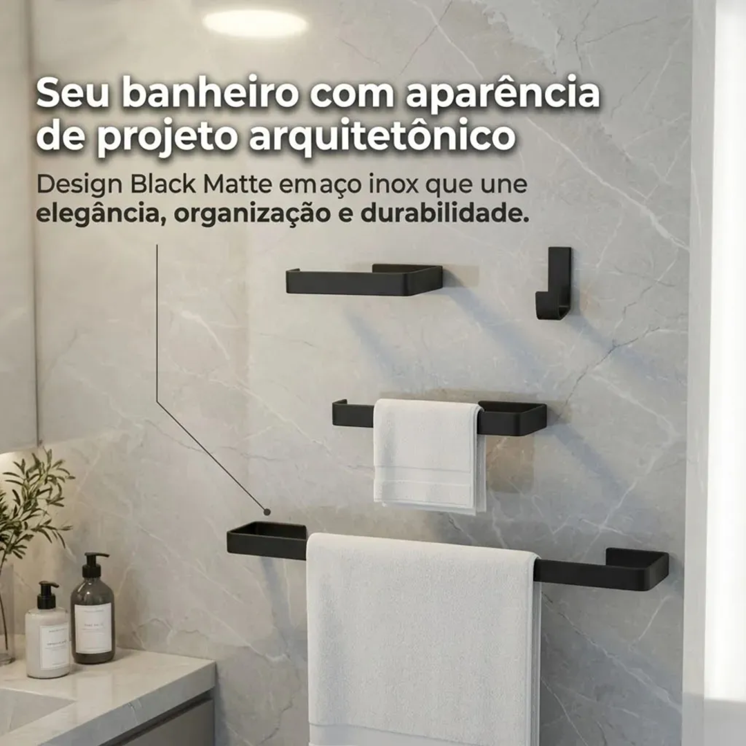 Kit Acessórios Banheiro Aço Inox 4 Peças Toalheiro Papeleira Porta Toalha Parede Preto Fosco Fixação Adesivo Antiferrugem Organizador Lavabo Resistente Durável Suporte Metal Decoração Minimalista Inox