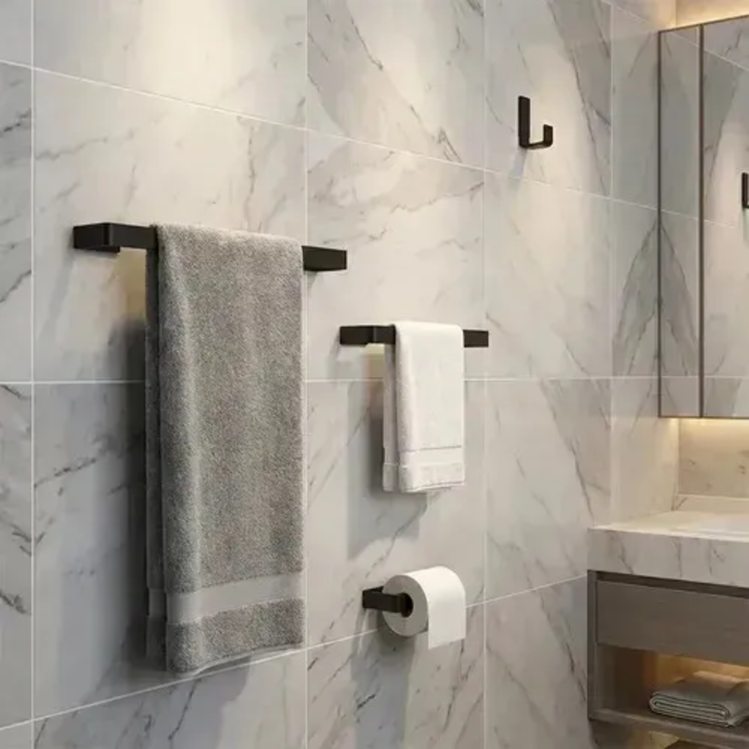 Kit Acessórios Banheiro Aço Inox 4 Peças Toalheiro Papeleira Porta Toalha Parede Preto Fosco Fixação Adesivo Antiferrugem Organizador Lavabo Resistente Durável Suporte Metal Decoração Minimalista Inox