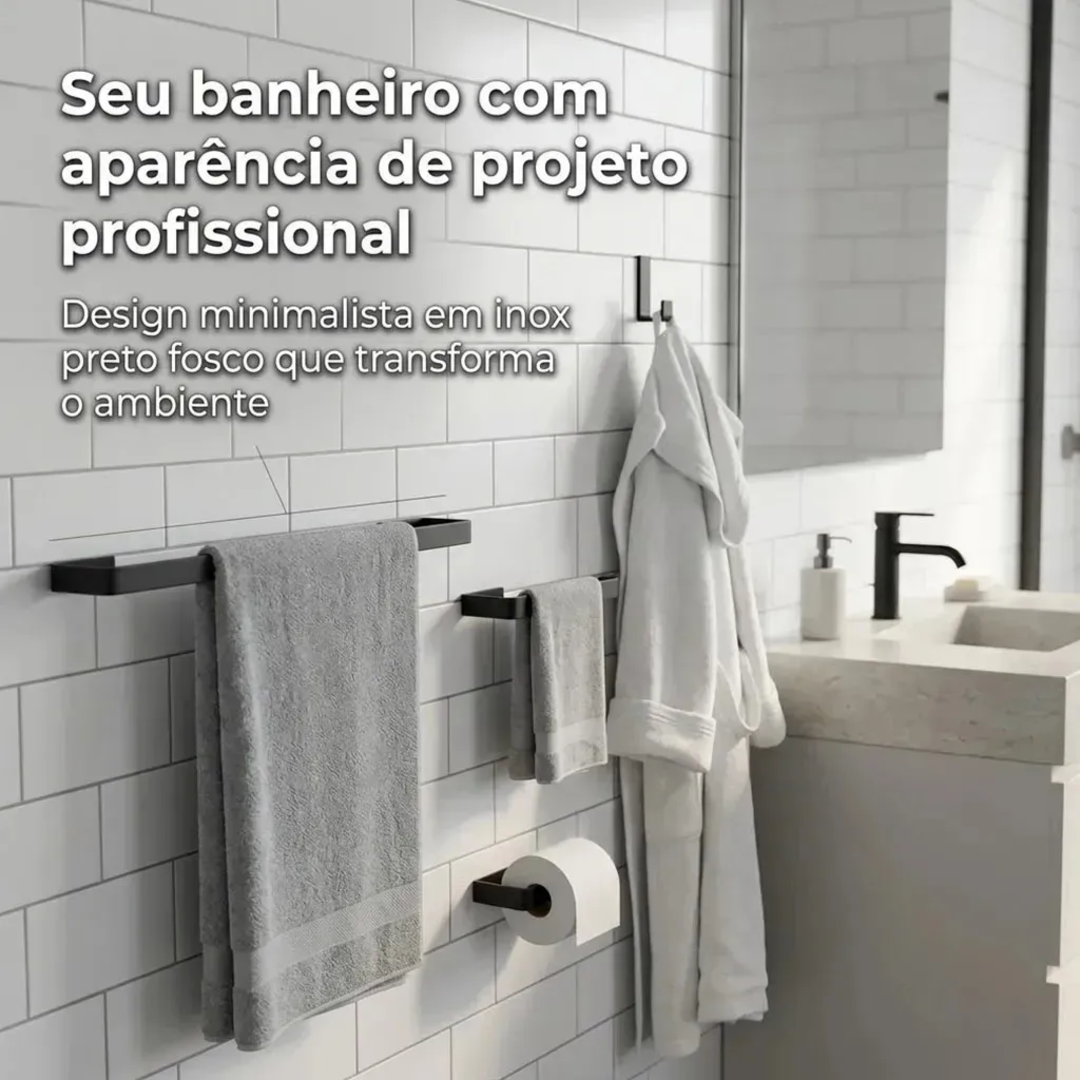 Kit Acessórios Banheiro Aço Inox 4 Peças Toalheiro Papeleira Porta Toalha Parede Preto Fosco Fixação Adesivo Antiferrugem Organizador Lavabo Resistente Durável Suporte Metal Decoração Minimalista Inox